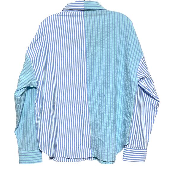 BKE Boyfriend Button Shirt Colorblock Coastal Blue Green Striped Womens M Tag - Picture 2 of 12